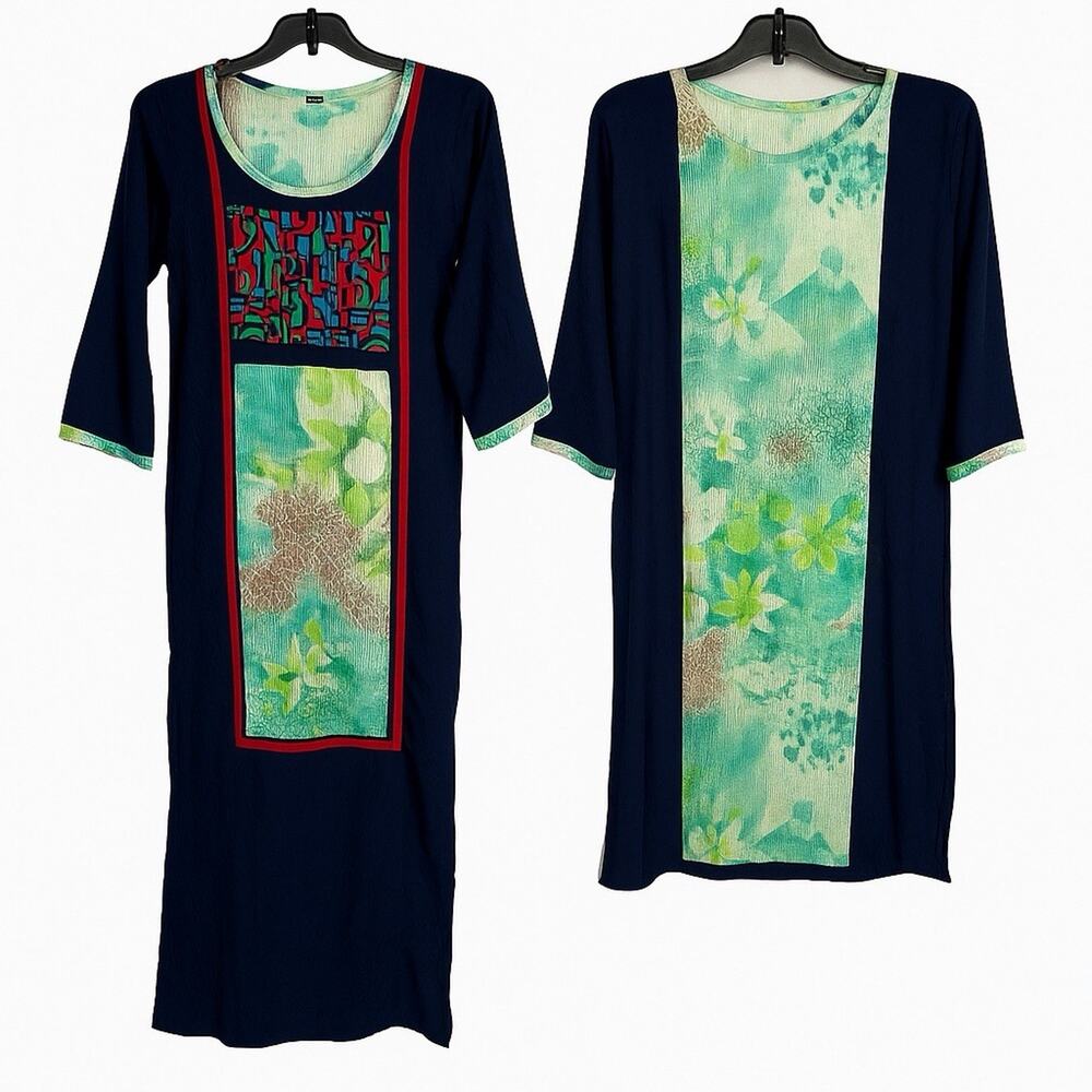 Women’s Indian Kurti Tunic Dress XL Blue Green Embroidered Ethnic Boho Bollywood